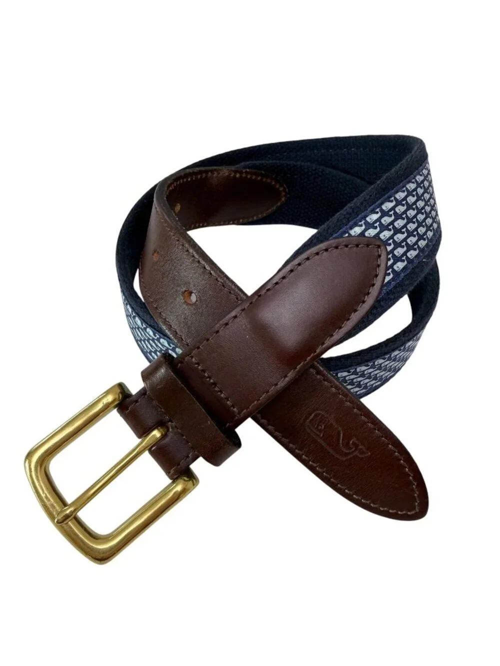 Vineyard Vines Mens Belt Size Small Blue Whale Logo Print Brown Leather